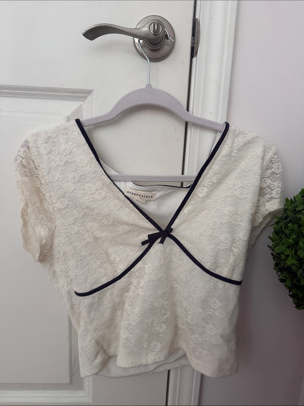 Aeropostale Cream Lace Crop Top with Black Trim